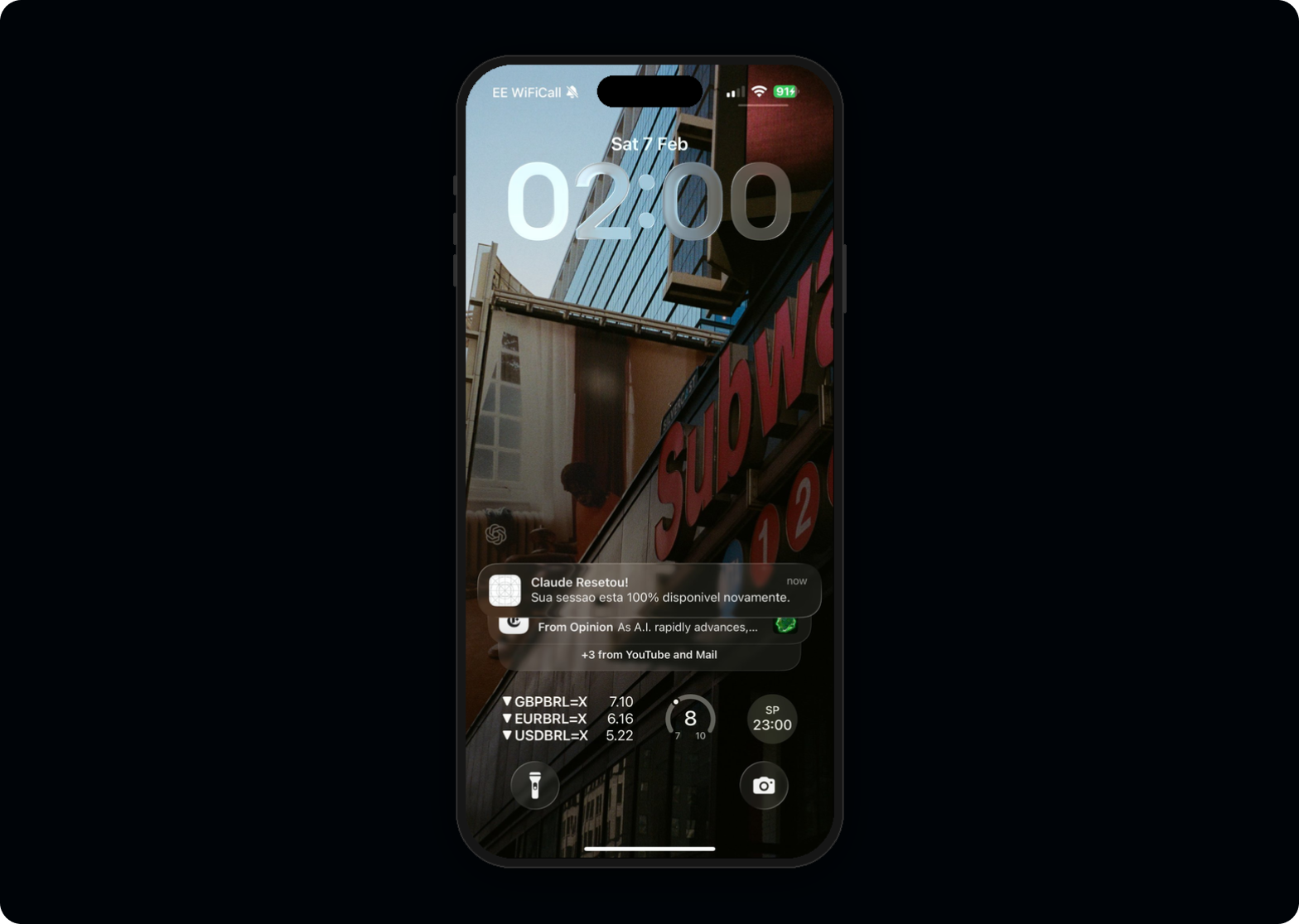 iPhone Lock Screen showing expanded Live Activity with Claude usage details and notification shortcuts